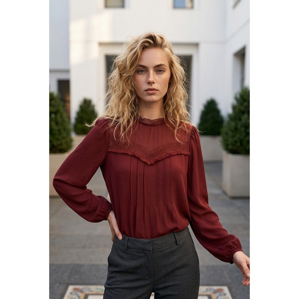 Ann Taylor Burgundy Lace Trim Pintuck Blouse Long Sleeve Crochet Top Large - Picture 5 of 5